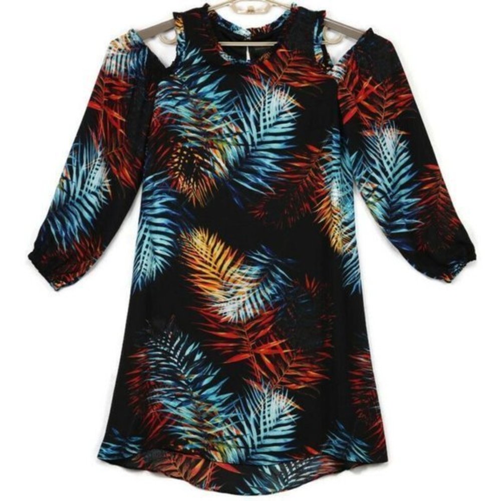 Worthington Cold Shoulder Dress Black Blue Orange Red Hawaiian‎ Palm Floral 6